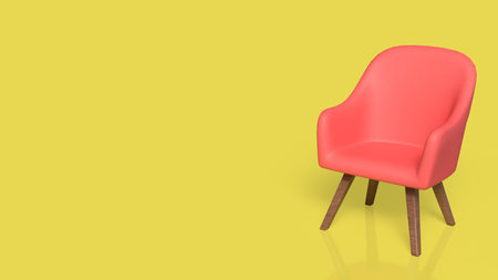 Red modern armchair with wooden legs on bright yellow background, minimalist interior design concept, stylish furniture for home decor, living room, or contemporary lifestyle advertising.の写真素材