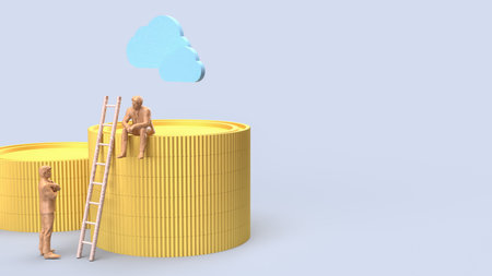 Miniature people with ladder and stacked gold coins under blue cloud, symbolizing financial growth, business success, investment planning, wealth achievement, and career progress concept.の写真素材