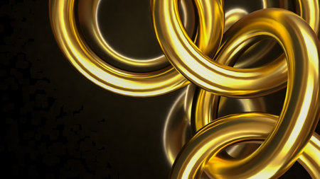 Shiny golden interlocked rings on dark background, symbolizing luxury, wealth, unity, strength, success, and elegant abstract 3D metallic design for business or finance concept.の写真素材