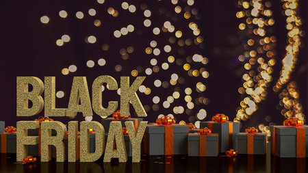 Luxury black gift boxes with shiny orange ribbons and bows, elegant holiday presents for celebration, Christmas, or special occasions, premium background with warm light.の写真素材