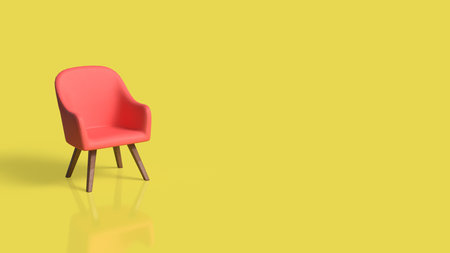 Red modern armchair with wooden legs on bright yellow background, minimalist interior design concept, stylish furniture for home decor, living room, or contemporary lifestyle advertising.の写真素材
