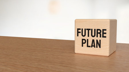 Wooden block with text FUTURE PLAN on table, motivation and business concept for goal setting, career vision, life planning, and success strategy idea in soft light background.の写真素材