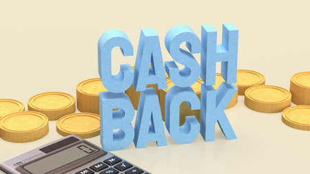 3D cashback text with gold coins on blue background, financial reward concept for saving, refund, promotion, bonus, and money return illustration for marketing or business design.の写真素材