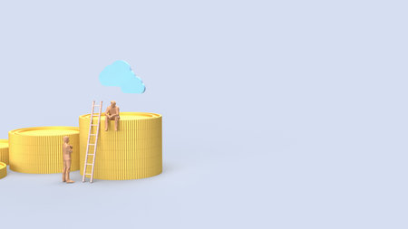 Miniature people with ladder and stacked gold coins under blue cloud, symbolizing financial growth, business success, investment planning, wealth achievement, and career progress concept.の写真素材
