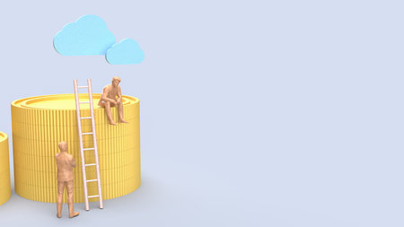 Miniature people with ladder and stacked gold coins under blue cloud, symbolizing financial growth, business success, investment planning, wealth achievement, and career progress concept.の写真素材