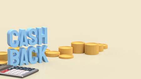 3D cashback text with gold coins on blue background, financial reward concept for saving, refund, promotion, bonus, and money return illustration for marketing or business design.の写真素材