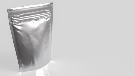 Blank silver foil pouch packaging mockup on gray background, metallic stand up bag for food, coffee, or product design template, clean and minimal branding concept.の写真素材