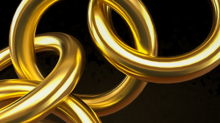 Shiny golden interlocked rings on dark background, symbolizing luxury, wealth, unity, strength, success, and elegant abstract 3D metallic design for business or finance concept.の写真素材
