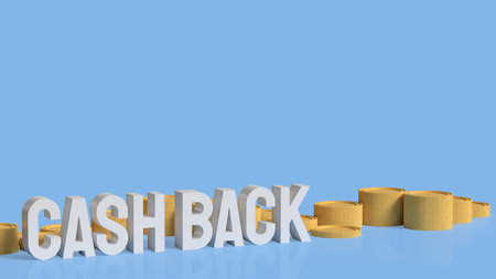 3D cashback text with gold coins on blue background, financial reward concept for saving, refund, promotion, bonus, and money return illustration for marketing or business design.の写真素材