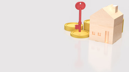Wooden house model with red key and gold coins on white background, symbolizing real estate investment, home ownership, mortgage, property finance, and saving for a new home.の写真素材