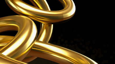 Shiny golden interlocked rings on dark background, symbolizing luxury, wealth, unity, strength, success, and elegant abstract 3D metallic design for business or finance concept.の写真素材