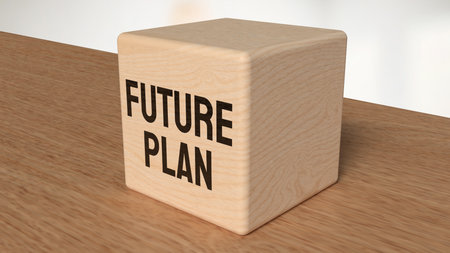 Wooden block with text FUTURE PLAN on table, motivation and business concept for goal setting, career vision, life planning, and success strategy idea in soft light background.の写真素材