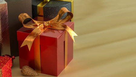 Elegant Christmas gift box with golden ribbon on a festive table, surrounded by holiday decorations...