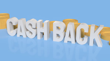 3D cashback text with gold coins on blue background, financial reward concept for saving, refund, promotion, bonus, and money return illustration for marketing or business design.の写真素材