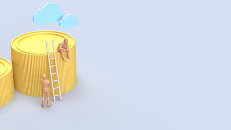 Miniature people with ladder and stacked gold coins under blue cloud, symbolizing financial growth,...