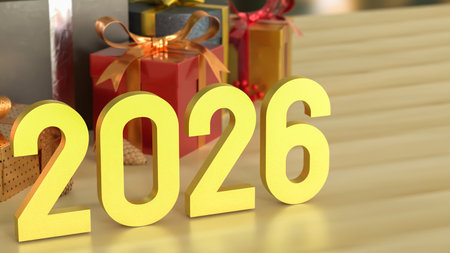 Golden 2026 numbers with Christmas gifts and festive decorations, symbolizing New Year celebration, holiday season, joy, and festive greeting background.の写真素材