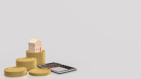 Wooden house model on gold coin stacks with calculator on white background, representing real estate investment, mortgage calculation, home loan, property finance, and financial planning concept.の写真素材