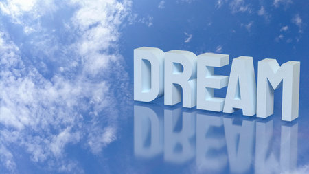 Blue sky with fluffy white clouds and the word âDREAMâ reflecting below, symbolizing inspiration, imagination, motivation, and hope for achieving goals and aspirations.の写真素材
