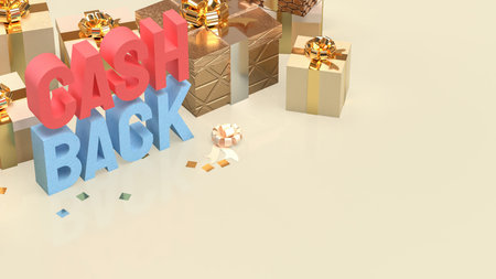 3D cashback text with gold coins on blue background, financial reward concept for saving, refund,...