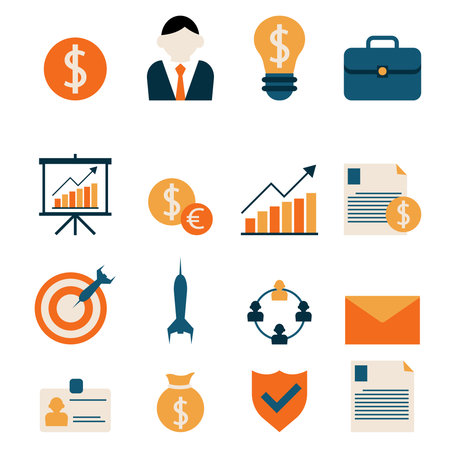 Collection of flat business and finance icons featuring money, graphs, targets, briefcase, documents, and communication symbols, ideal for presentations, websites, and corporate design projects.のイラスト素材