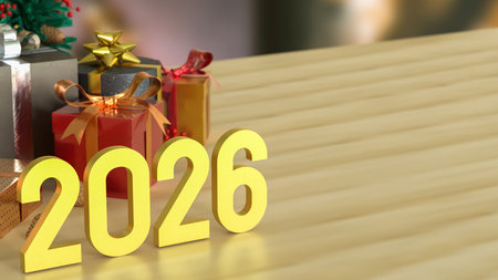 Golden 2026 numbers with Christmas gifts and festive decorations, symbolizing New Year celebration,...