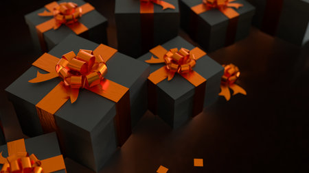 Luxury black gift boxes with shiny orange ribbons and bows, elegant holiday presents for celebration, Christmas, or special occasions, premium background with warm light.の写真素材