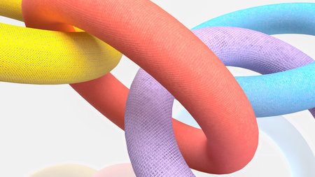 Colorful interlocked 3D torus shapes with textured surface, abstract geometric design representing...