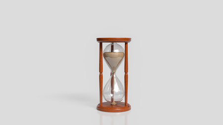 Minimalist image of a classic wooden hourglass with flowing sand, symbolizing time, patience, and...