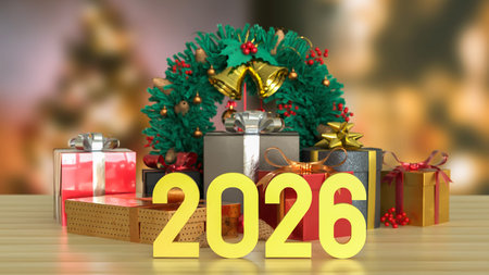 Golden 2026 numbers with Christmas gifts and festive decorations, symbolizing New Year celebration,...