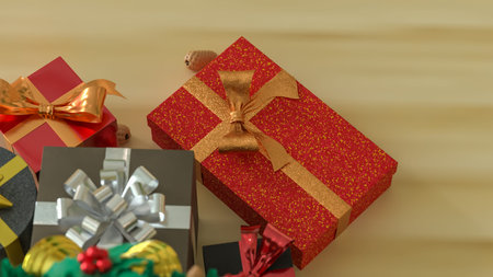 Elegant Christmas gift box with golden ribbon on a festive table, surrounded by holiday decorations...