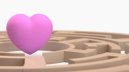 Pink heart floating at the center of a beige maze, symbolizing love, relationships, challenges, and finding the path to the heart.の写真素材