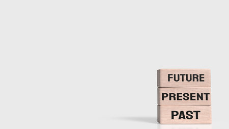 Wooden blocks labeled PAST, PRESENT, and FUTURE stacked vertically, representing time progression, planning, mindset, personal growth, and life direction.の写真素材