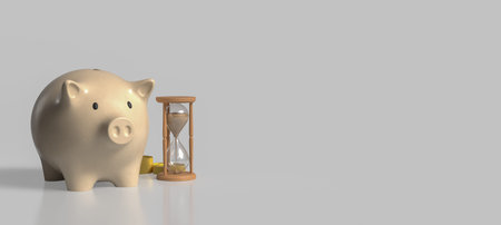 Piggy bank beside an hourglass and gold coins on a clean background, symbolizing saving money,...