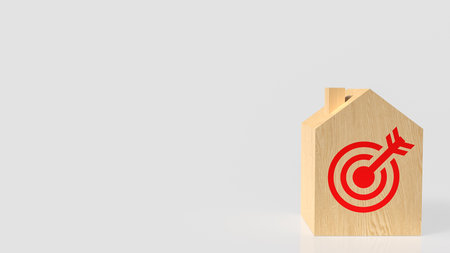 Wooden house block with a red target and arrow symbolizing real estate goals, property investment strategy, market focus, and home buying objectives in a clean minimalist style.の写真素材