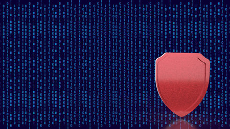 Red security shield over binary code background, symbolizing cybersecurity, data protection, digital...