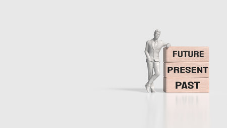 White statue man leaning on wooden blocks labeled PAST, PRESENT, FUTURE, symbolizing decision-making, mindset, planning, time management, and personal growth.の写真素材