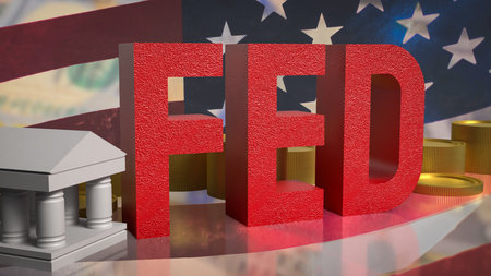 FED letters with gold coins and a bank symbol against the U.S. flag, representing Federal Reserve policy, interest rates, inflation, and the American economic system.の写真素材