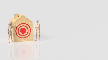 Two wooden style human figures stand beside a house with a red target symbol, representing real estate goals, buyer decisions, market strategy, or investment planning.の写真素材