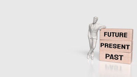 White statue man leaning on wooden blocks labeled PAST, PRESENT, FUTURE, symbolizing...