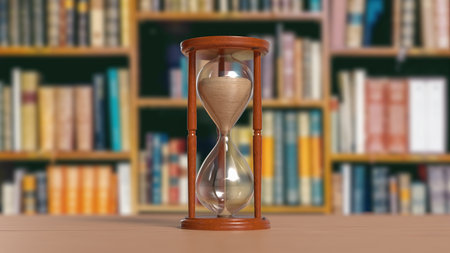 Vintage wooden hourglass placed on a table with a blurred library background, symbolizing time, study, knowledge, and focus.の写真素材
