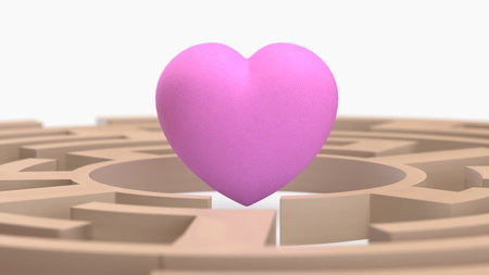 Pink heart floating at the center of a beige maze, symbolizing love, relationships, challenges, and finding the path to the heart.の写真素材