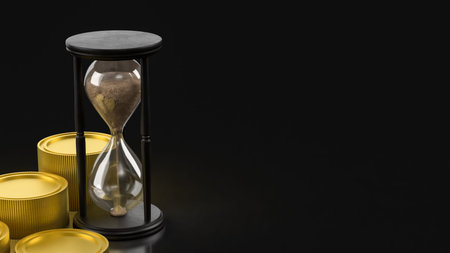 Hourglass with flowing sand beside stacked gold coins, symbolizing time value, financial growth,...