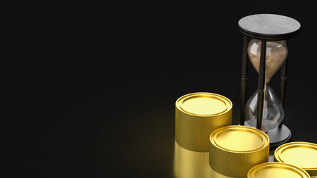 Hourglass with flowing sand beside stacked gold coins, symbolizing time value, financial growth, investment planning, savings strategy, and long term wealth building.の写真素材