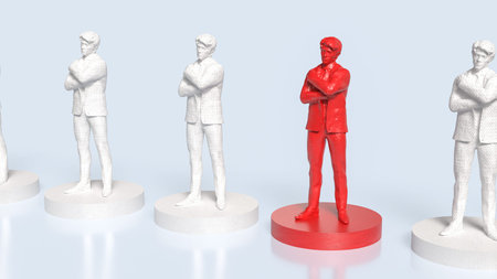 A red standout figure among identical white figures symbolizes leadership, individuality,...