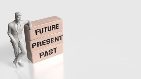 White statue man leaning on wooden blocks labeled PAST, PRESENT, FUTURE, symbolizing decision-making, mindset, planning, time management, and personal growth.の写真素材