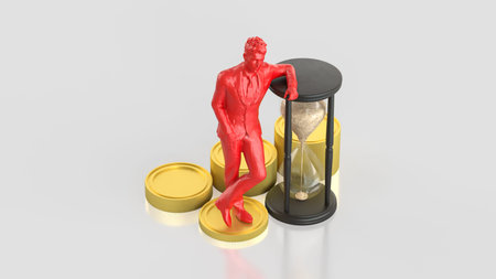 Red businessman sculpture leaning on an hourglass with gold coins, symbolizing time value, financial...