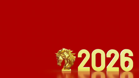 A golden horse head sculpture beside large â2026â numbers on a vibrant red background, symbolizing power, fortune, Lunar New Year celebrations, and auspicious beginnings.の写真素材