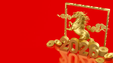 A majestic golden horse with â2026â surrounded by gold ingots, coins, and Chinese decorative patterns on a vibrant red background, symbolizing prosperity, strength, and Lunar New Year celebration.の写真素材