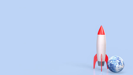 A bright red and white rocket standing next to a small Earth globe on a soft blue background,...