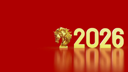 A golden horse head sculpture beside large â€œ2026â€ numbers on a vibrant red background,...